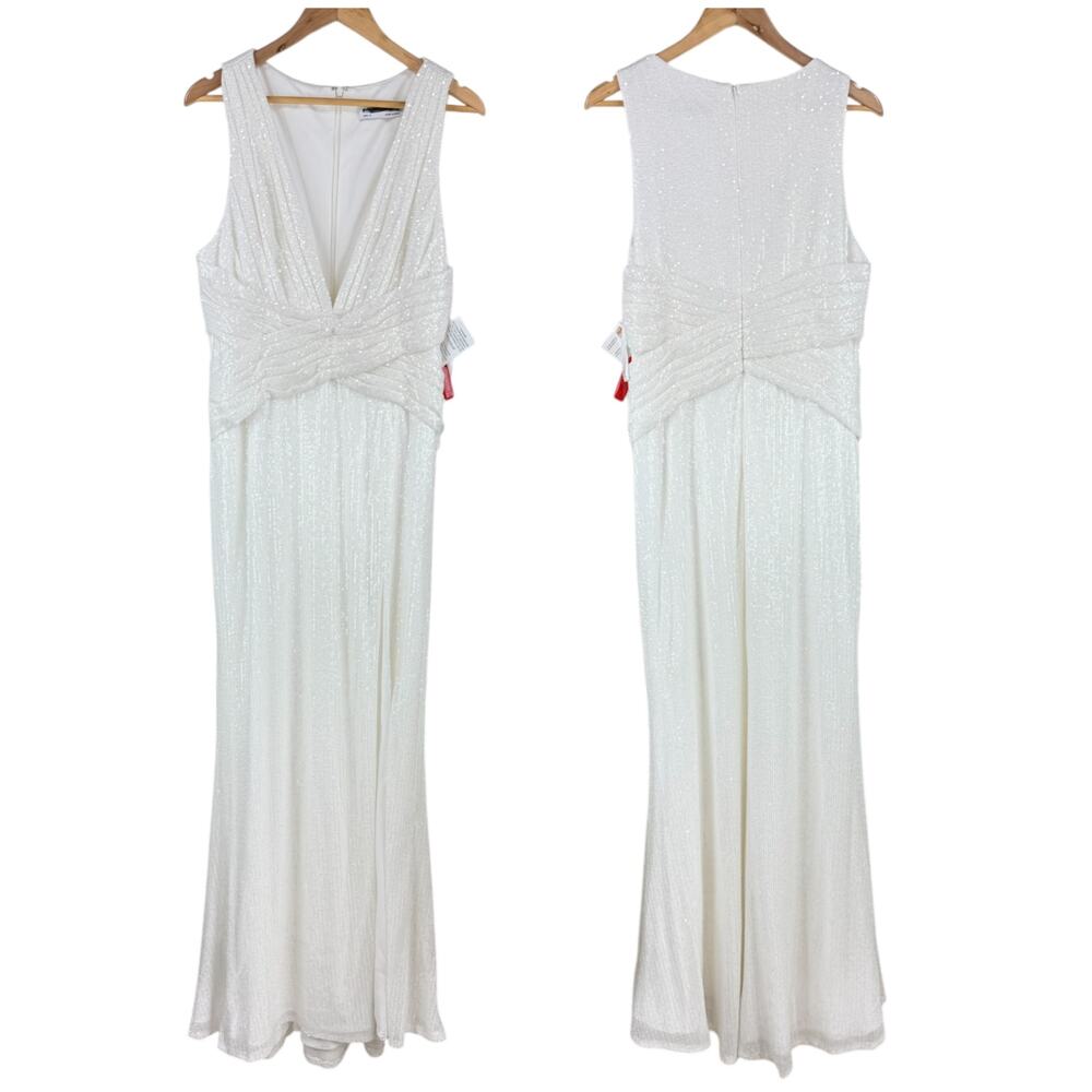 Mac Duggal NWT V-Neck Sequin Wrap Waist Gown White Side Slit Size 2 Sleeveless - Picture 3 of 8